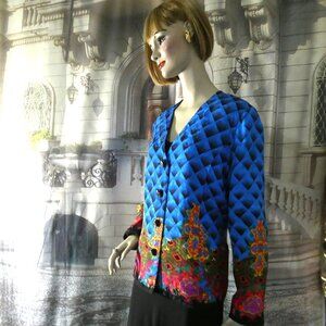 Anne Crimmins Silk Blazer Jacket Silk Lined Sz 16 Blue with Rainbow Color Design
